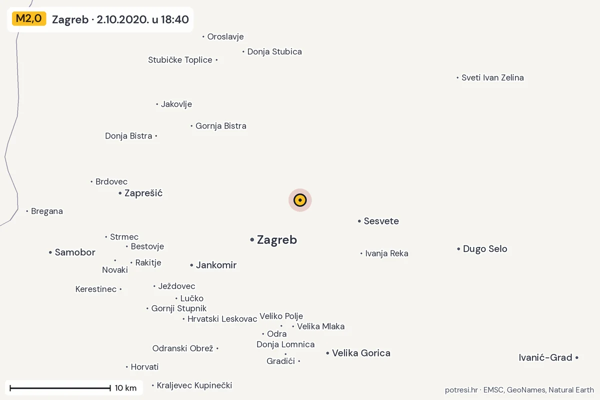 Karta: okolica epicentra, 60 km, potres M2,0, Zagreb, 2.10.2020.