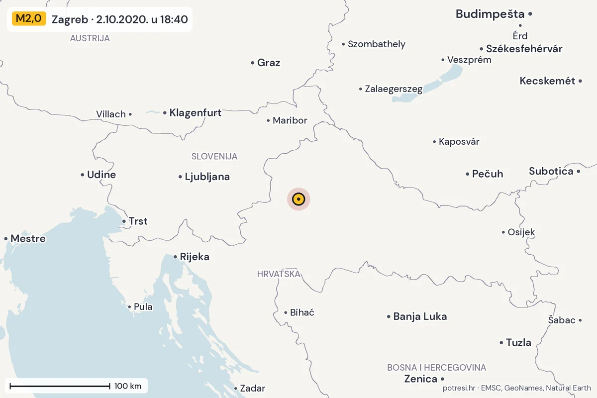 Karta: šire područje, 600 km, potres M2,0, Zagreb, 2.10.2020.