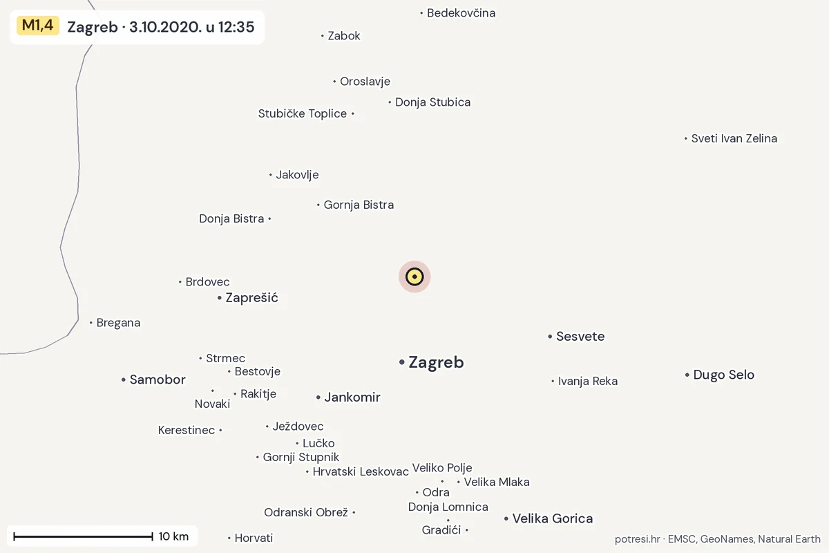 Karta: okolica epicentra, 60 km, potres M1,4, Zagreb, 3.10.2020.