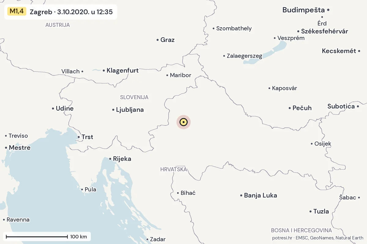Karta: šire područje, 600 km, potres M1,4, Zagreb, 3.10.2020.