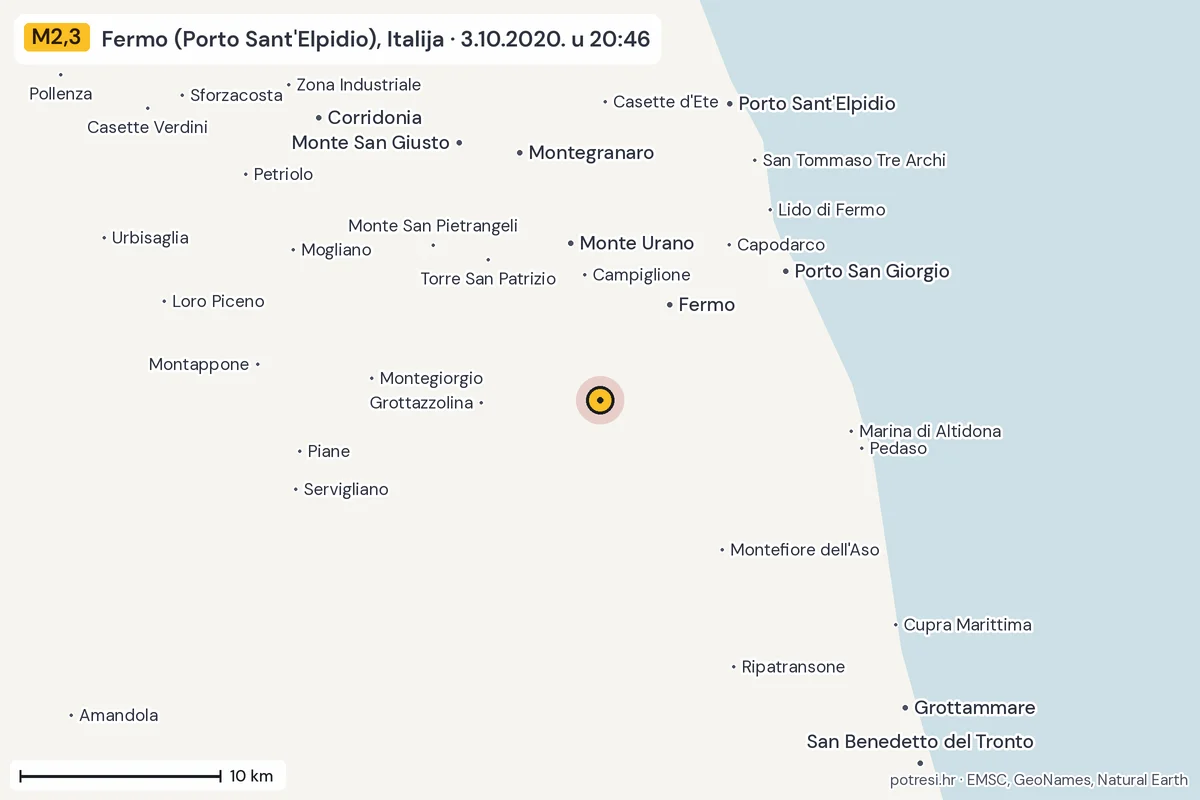 Karta: okolica epicentra, 60 km, potres M2,3, Fermo (Porto Sant'Elpidio), Italija, 3.10.2020.
