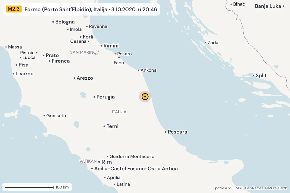 Karta: šire područje, 600 km, potres M2,3, Fermo (Porto Sant'Elpidio), Italija, 3.10.2020.
