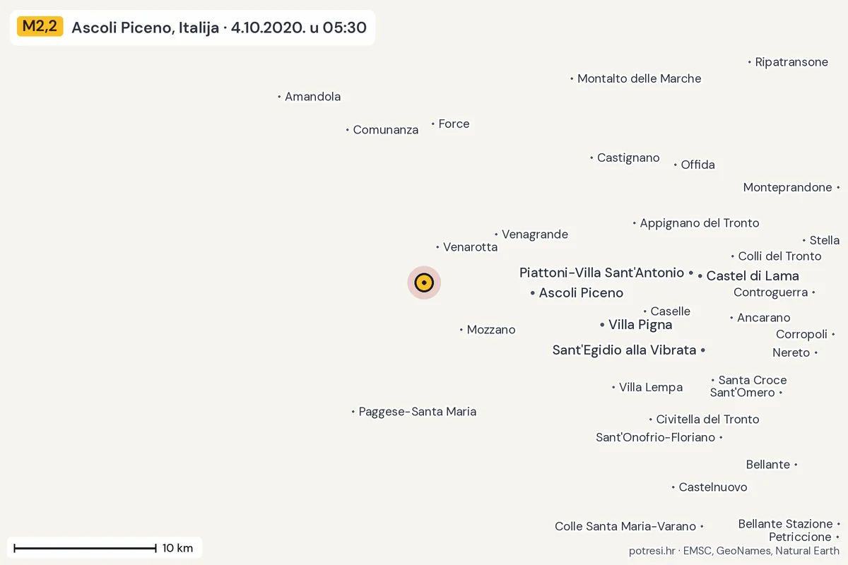 Karta: okolica epicentra, 60 km, potres M2,2, Ascoli Piceno, Italija, 4.10.2020.