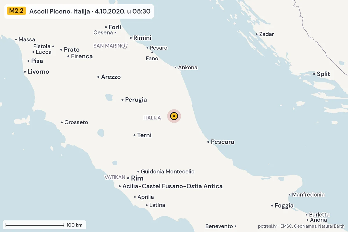 Karta: šire područje, 600 km, potres M2,2, Ascoli Piceno, Italija, 4.10.2020.