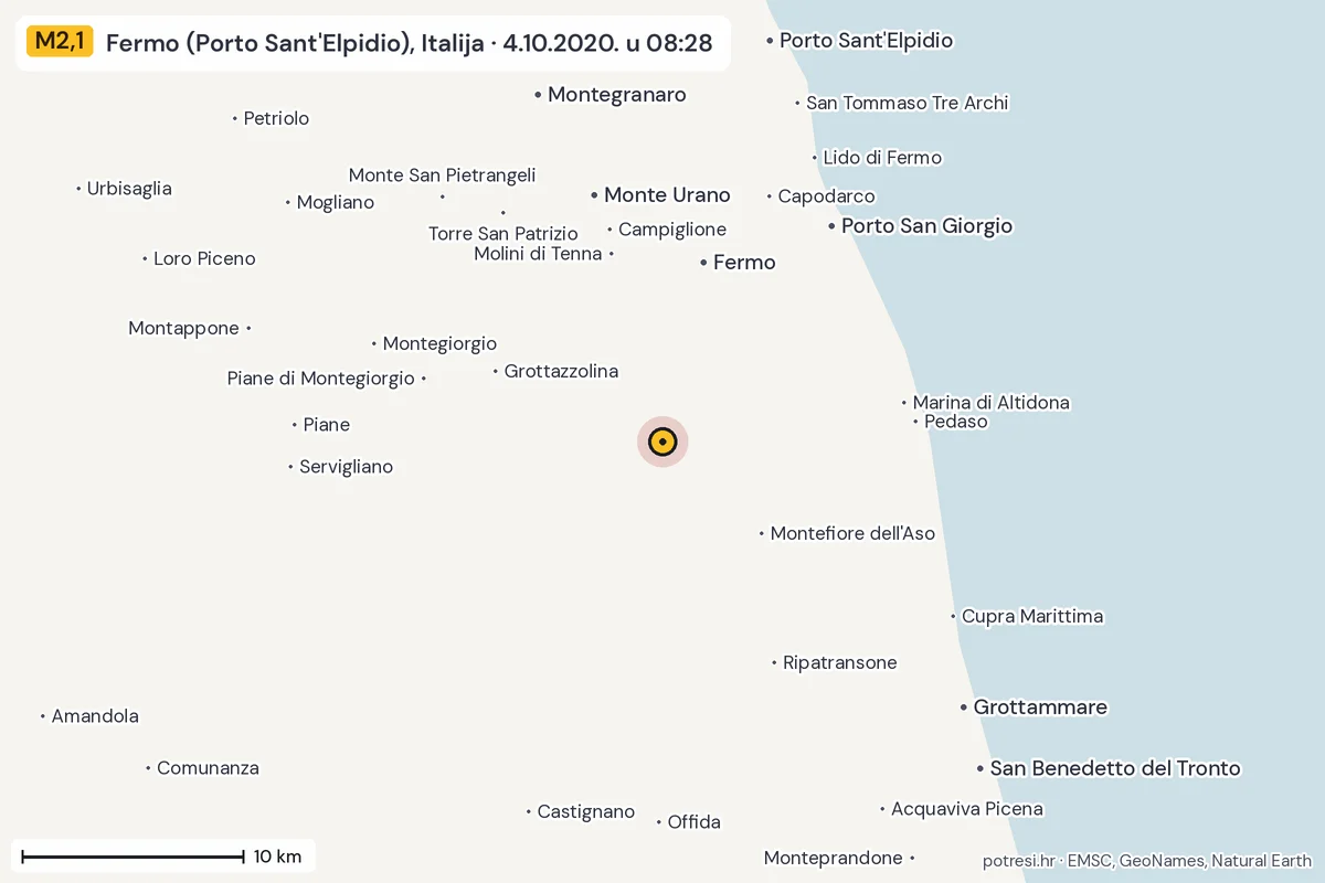 Karta: okolica epicentra, 60 km, potres M2,1, Fermo (Porto Sant'Elpidio), Italija, 4.10.2020.