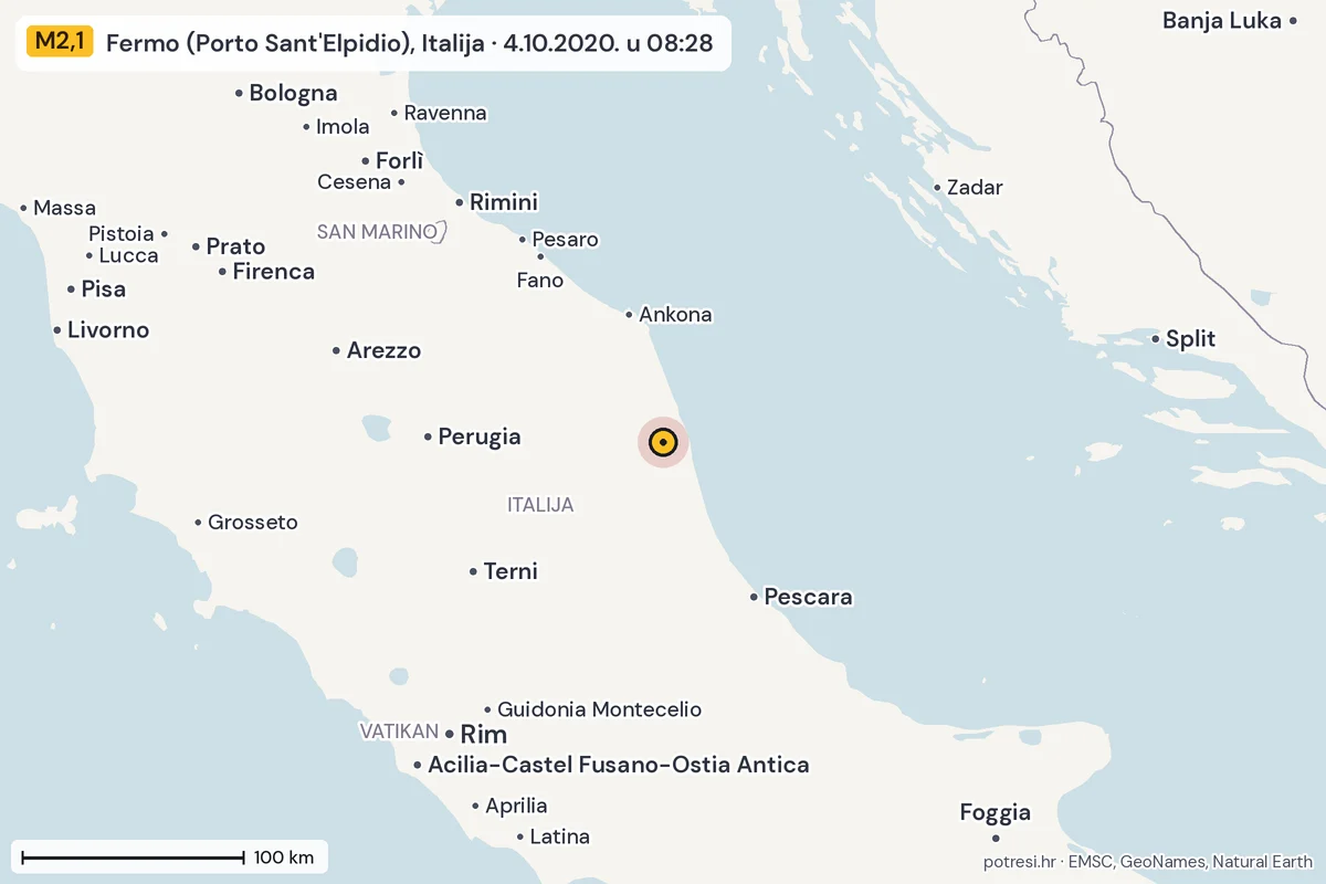 Karta: šire područje, 600 km, potres M2,1, Fermo (Porto Sant'Elpidio), Italija, 4.10.2020.