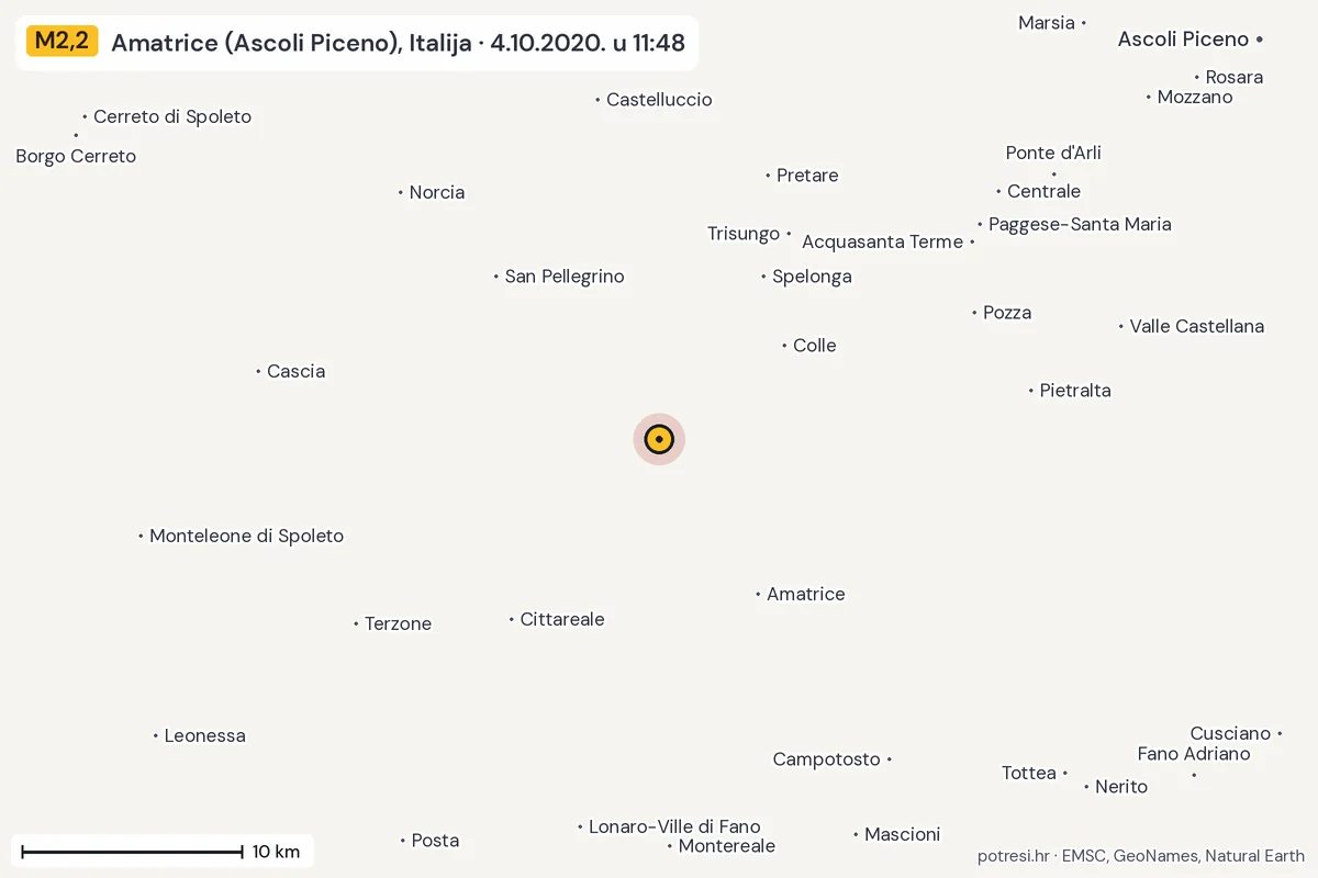 Karta: okolica epicentra, 60 km, potres M2,2, Amatrice (Ascoli Piceno), Italija, 4.10.2020.