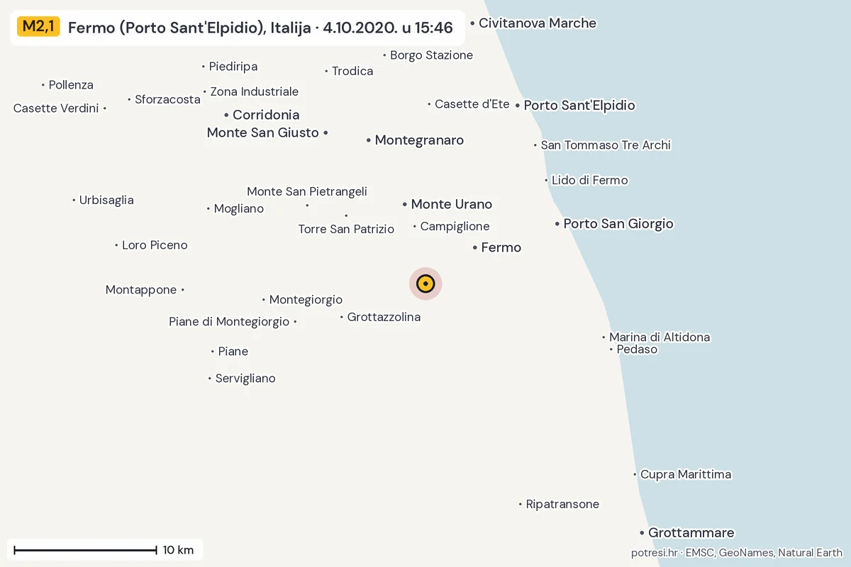 Karta: okolica epicentra, 60 km, potres M2,1, Fermo (Porto Sant'Elpidio), Italija, 4.10.2020.