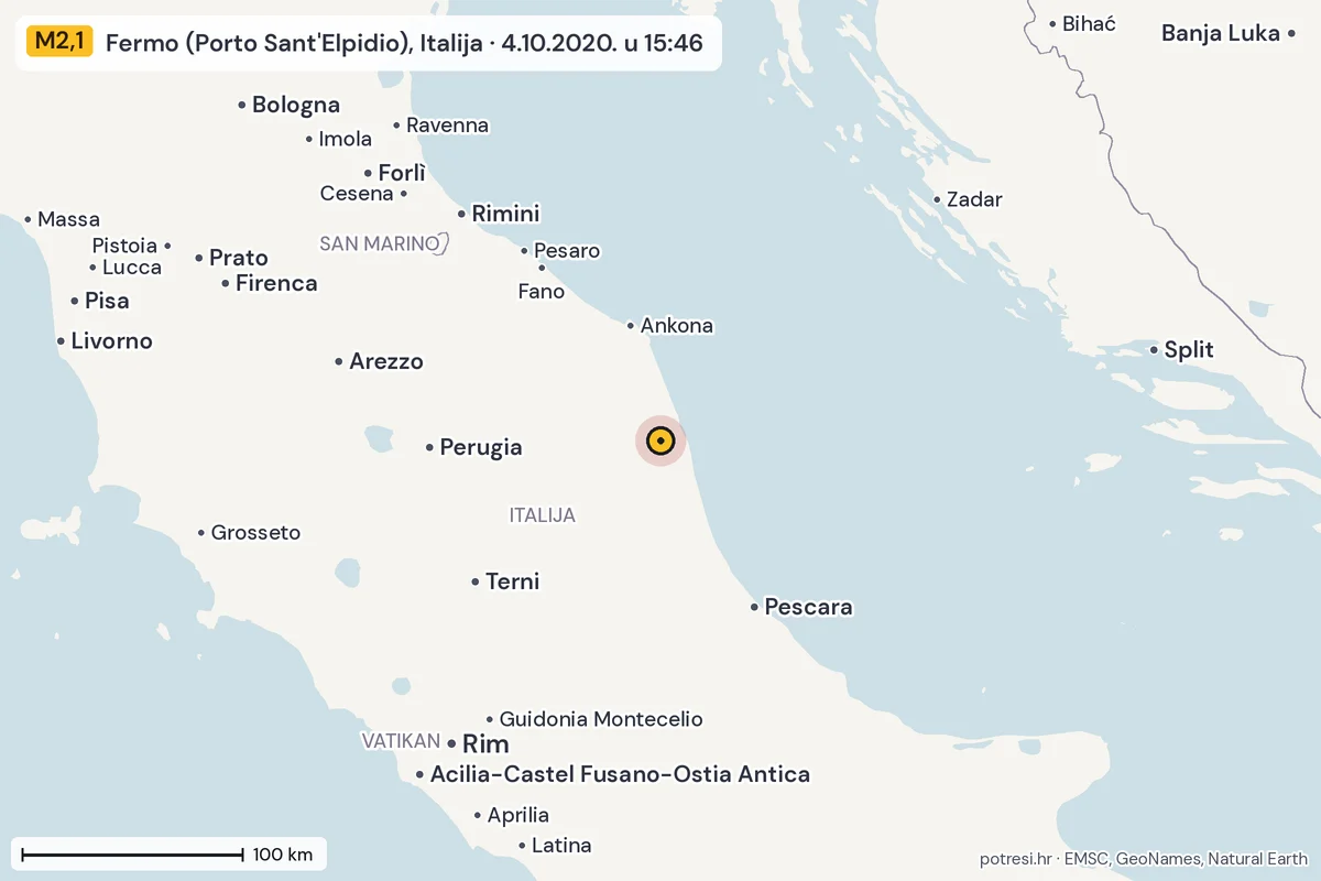 Karta: šire područje, 600 km, potres M2,1, Fermo (Porto Sant'Elpidio), Italija, 4.10.2020.