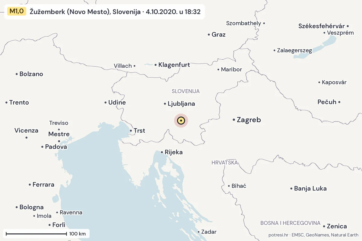 Karta: šire područje, 600 km, potres M1,0, Žužemberk (Novo Mesto), Slovenija, 4.10.2020.