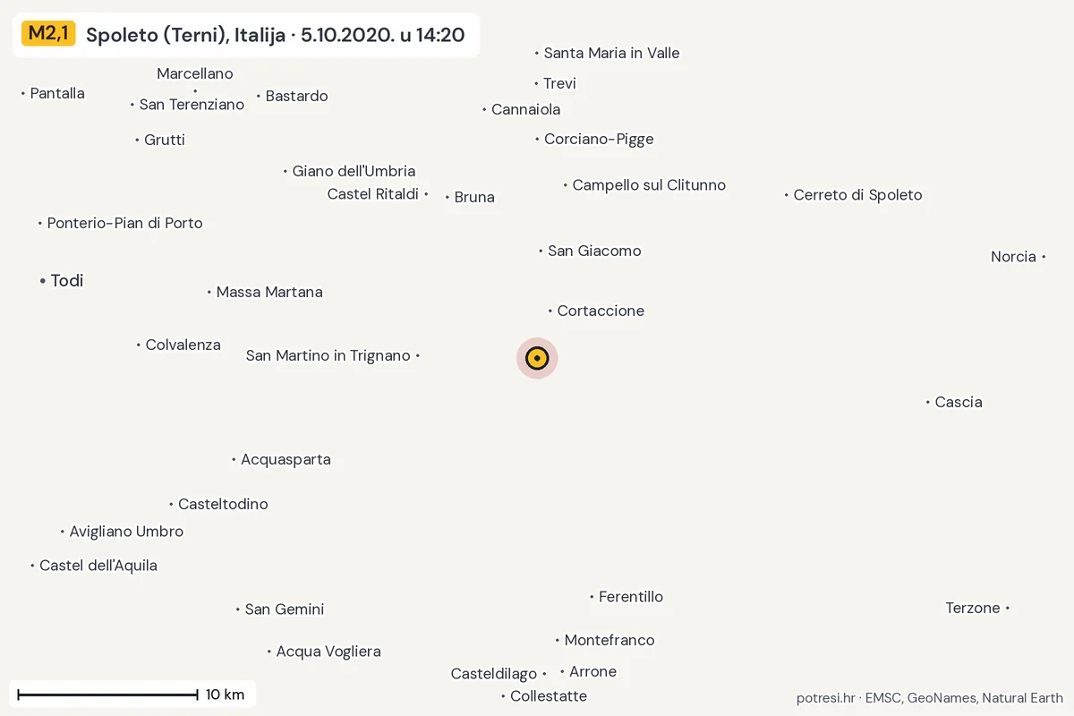 Karta: okolica epicentra, 60 km, potres M2,1, Spoleto (Terni), Italija, 5.10.2020.