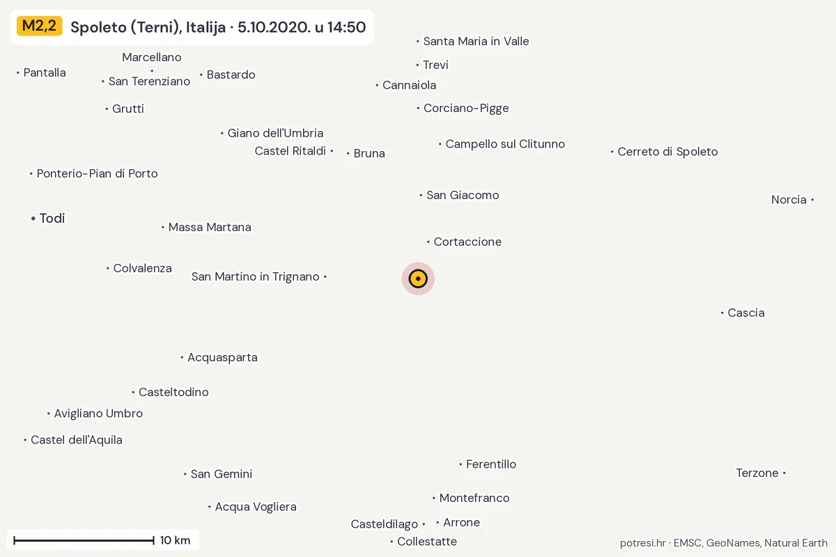 Karta: okolica epicentra, 60 km, potres M2,2, Spoleto (Terni), Italija, 5.10.2020.