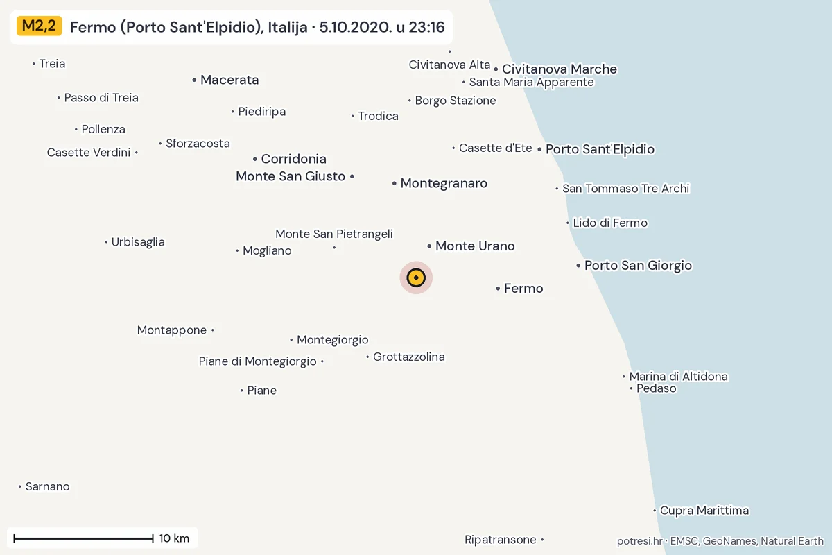 Karta: okolica epicentra, 60 km, potres M2,2, Fermo (Porto Sant'Elpidio), Italija, 5.10.2020.