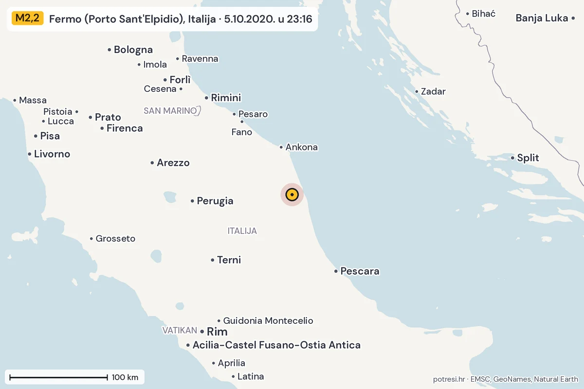 Karta: šire područje, 600 km, potres M2,2, Fermo (Porto Sant'Elpidio), Italija, 5.10.2020.