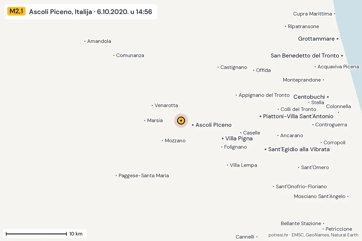Karta: okolica epicentra, 60 km, potres M2,1, Ascoli Piceno, Italija, 6.10.2020.