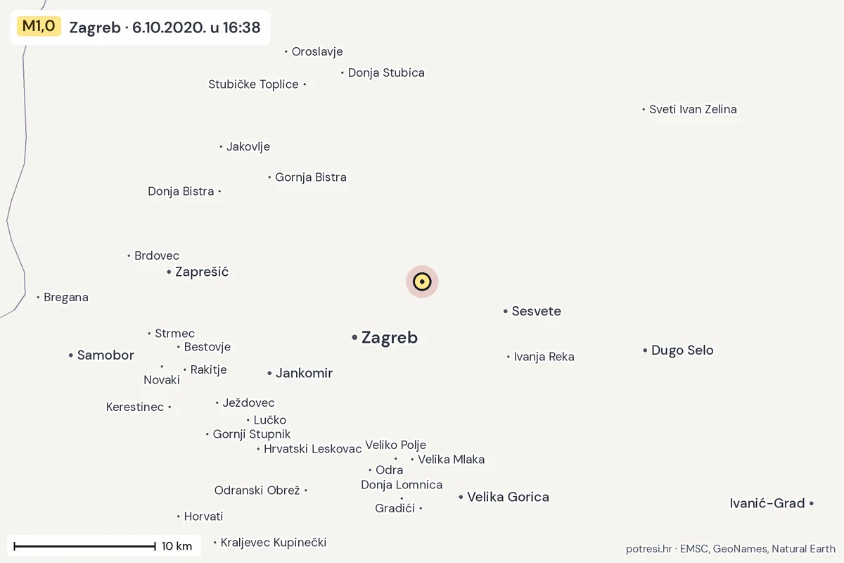 Karta: okolica epicentra, 60 km, potres M1,0, Zagreb, 6.10.2020.