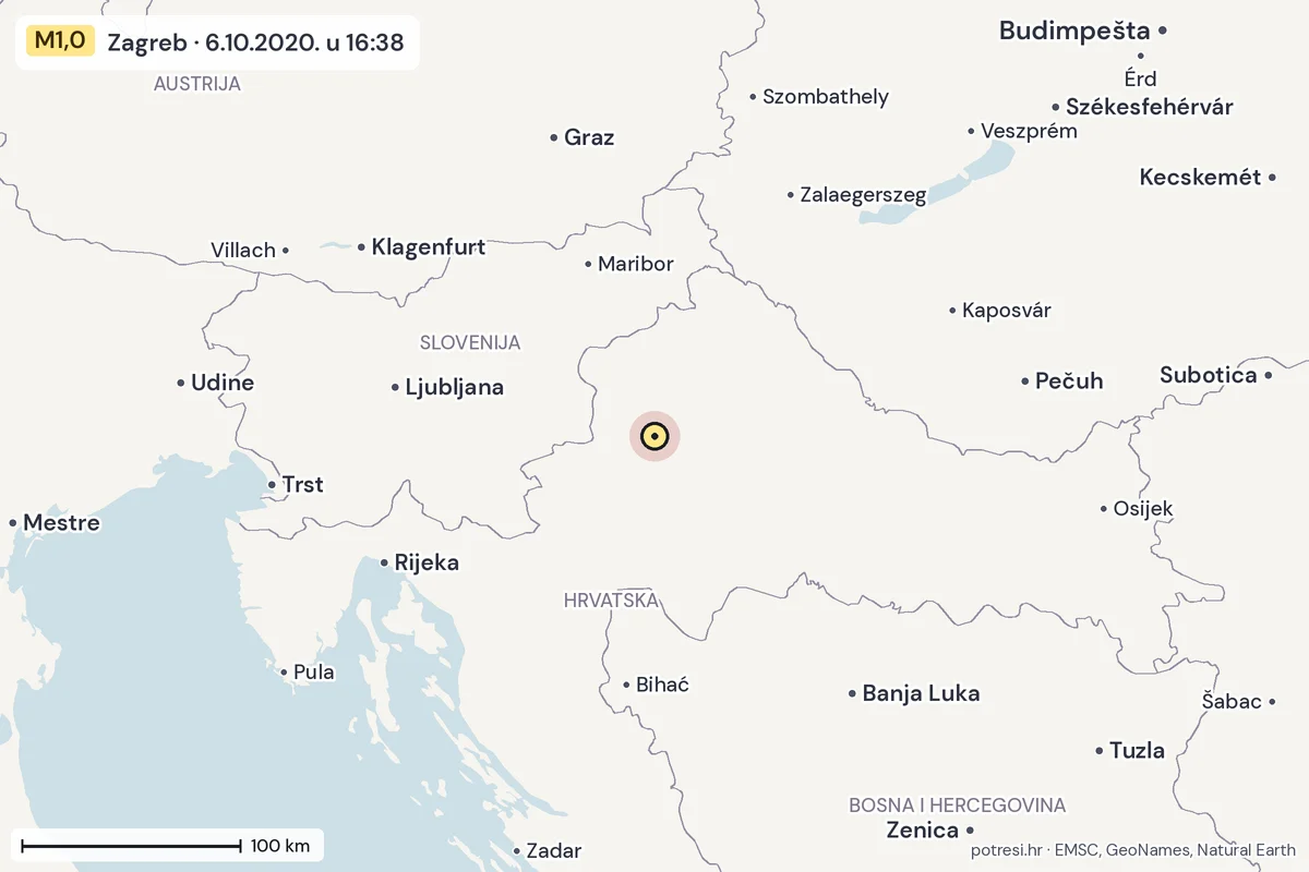 Karta: šire područje, 600 km, potres M1,0, Zagreb, 6.10.2020.