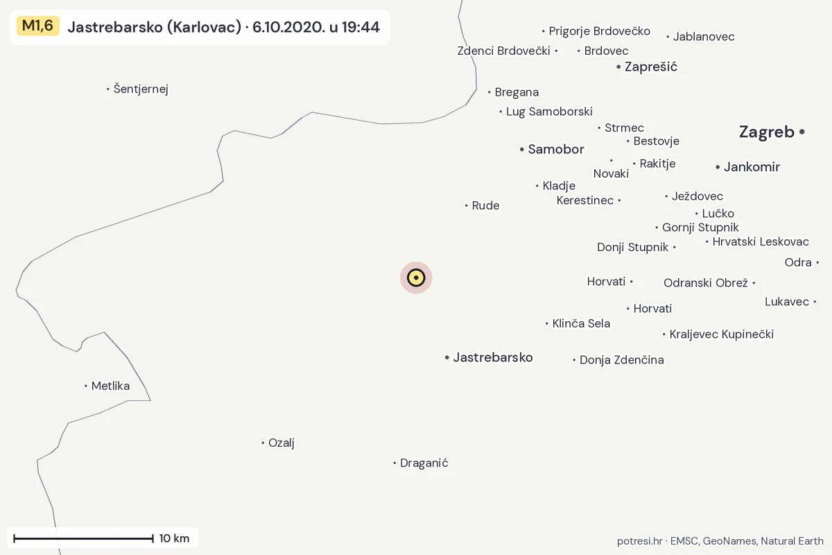 Karta: okolica epicentra, 60 km, potres M1,6, Jastrebarsko (Karlovac), 6.10.2020.