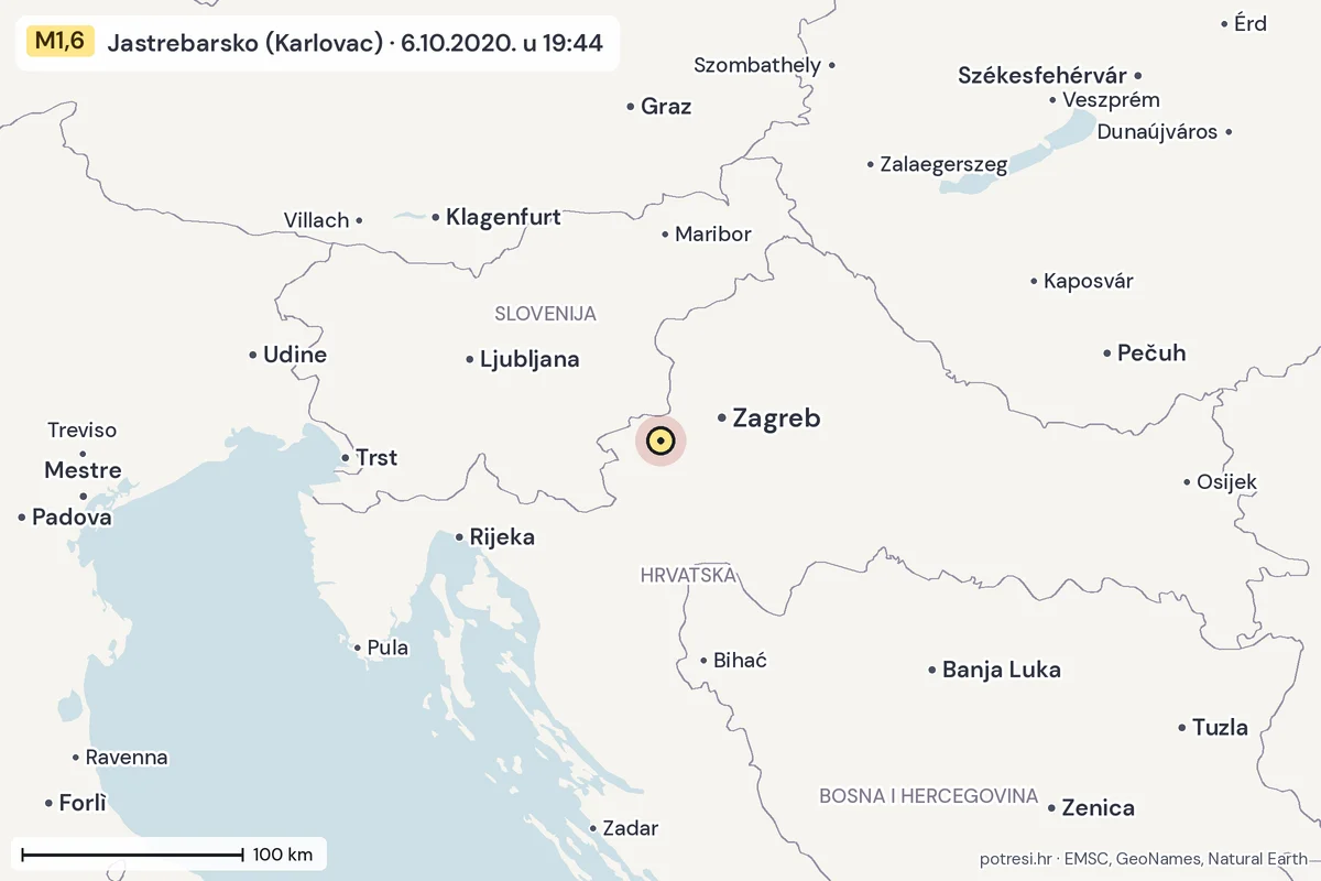 Karta: šire područje, 600 km, potres M1,6, Jastrebarsko (Karlovac), 6.10.2020.