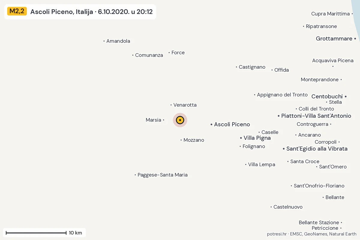Karta: okolica epicentra, 60 km, potres M2,2, Ascoli Piceno, Italija, 6.10.2020.