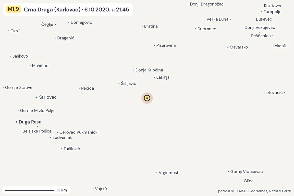 Karta: okolica epicentra, 60 km, potres M1,9, Crna Draga (Karlovac), 6.10.2020.