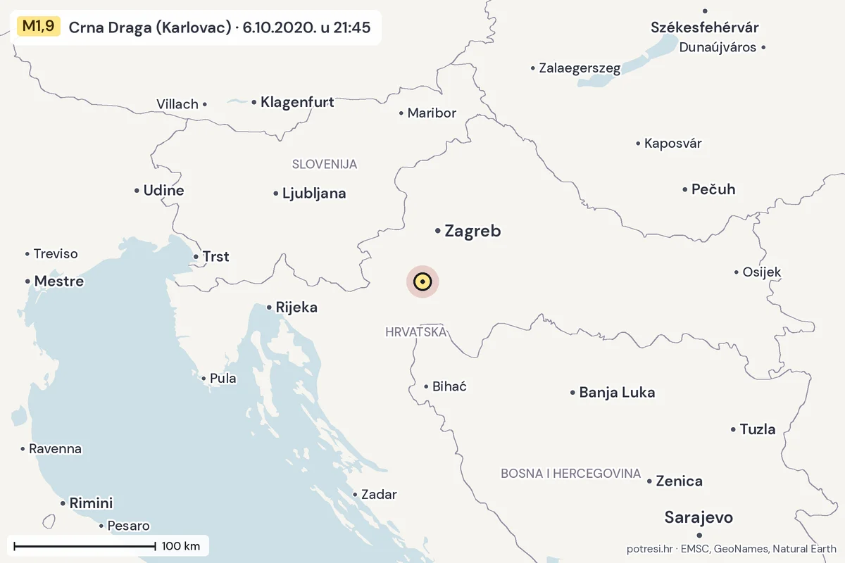 Karta: šire područje, 600 km, potres M1,9, Crna Draga (Karlovac), 6.10.2020.