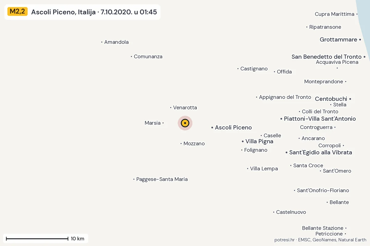 Karta: okolica epicentra, 60 km, potres M2,2, Ascoli Piceno, Italija, 7.10.2020.
