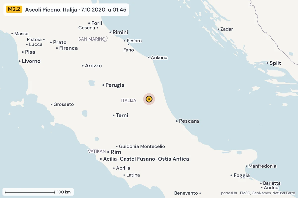 Karta: šire područje, 600 km, potres M2,2, Ascoli Piceno, Italija, 7.10.2020.