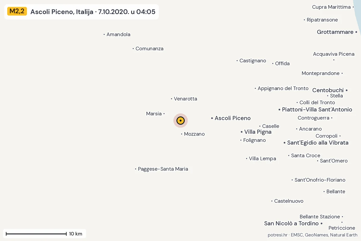 Karta: okolica epicentra, 60 km, potres M2,2, Ascoli Piceno, Italija, 7.10.2020.