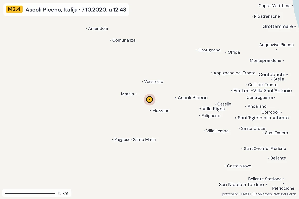 Karta: okolica epicentra, 60 km, potres M2,4, Ascoli Piceno, Italija, 7.10.2020.