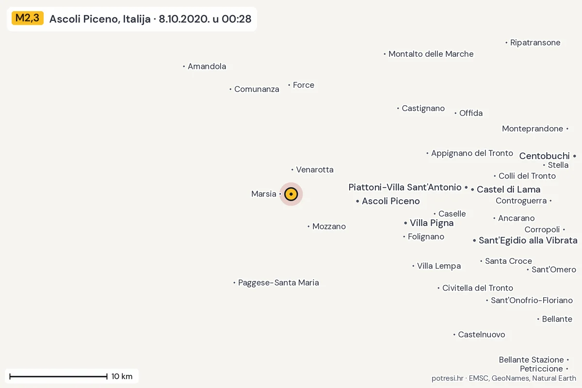 Karta: okolica epicentra, 60 km, potres M2,3, Ascoli Piceno, Italija, 8.10.2020.