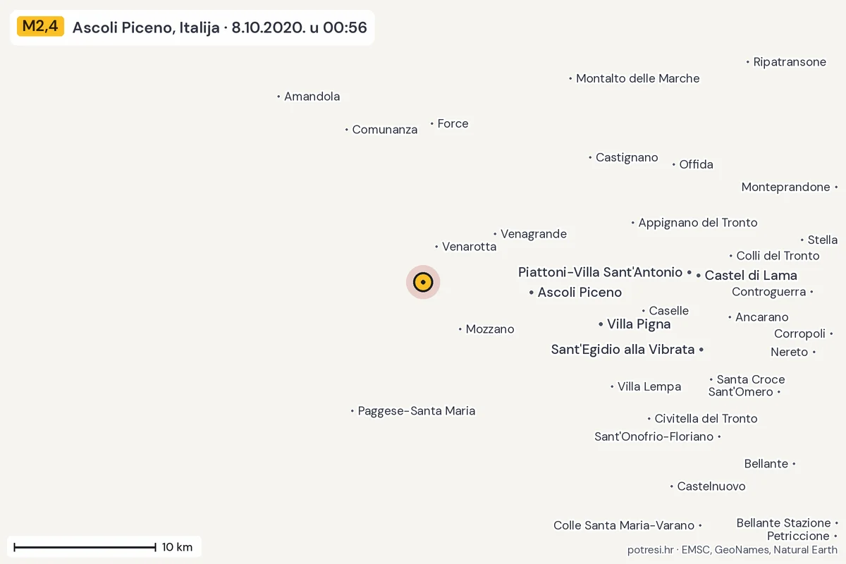 Karta: okolica epicentra, 60 km, potres M2,4, Ascoli Piceno, Italija, 8.10.2020.