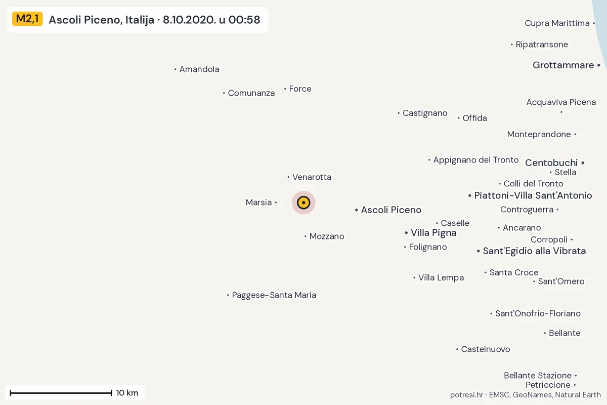 Karta: okolica epicentra, 60 km, potres M2,1, Ascoli Piceno, Italija, 8.10.2020.