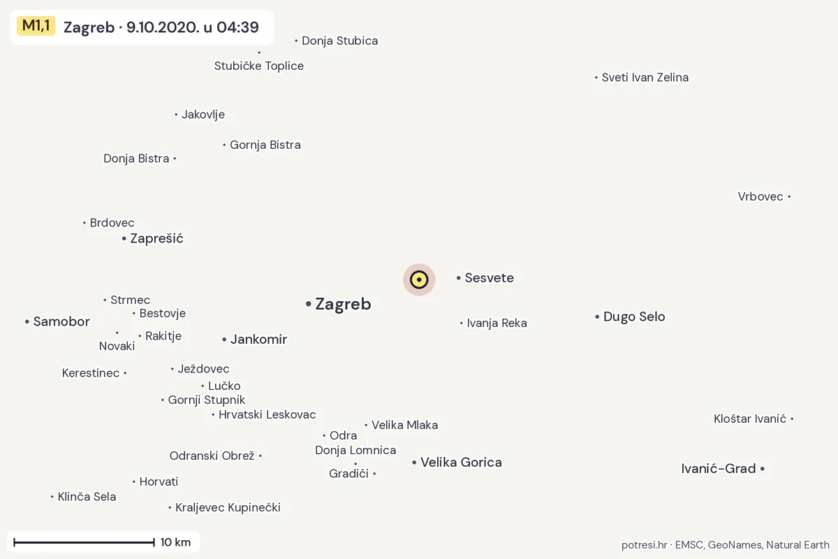 Karta: okolica epicentra, 60 km, potres M1,1, Zagreb, 9.10.2020.