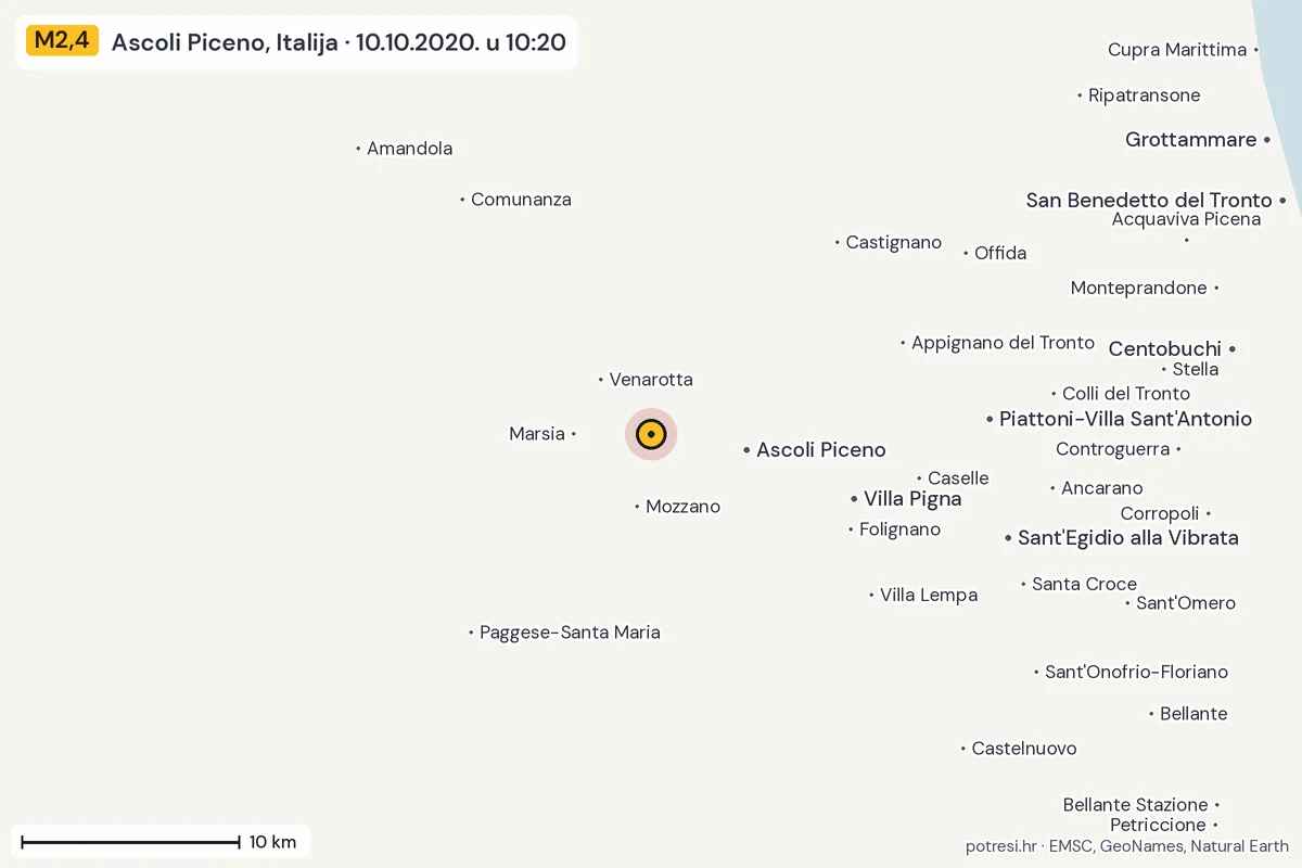 Karta: okolica epicentra, 60 km, potres M2,4, Ascoli Piceno, Italija, 10.10.2020.