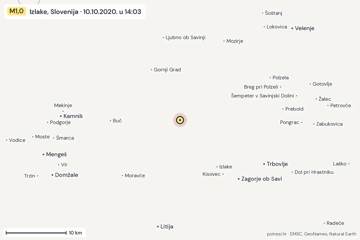Karta: okolica epicentra, 60 km, potres M1,0, Izlake, Slovenija, 10.10.2020.