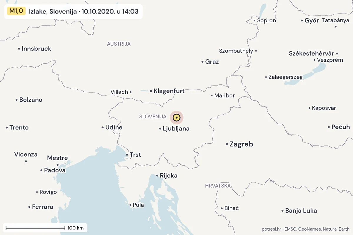 Karta: šire područje, 600 km, potres M1,0, Izlake, Slovenija, 10.10.2020.