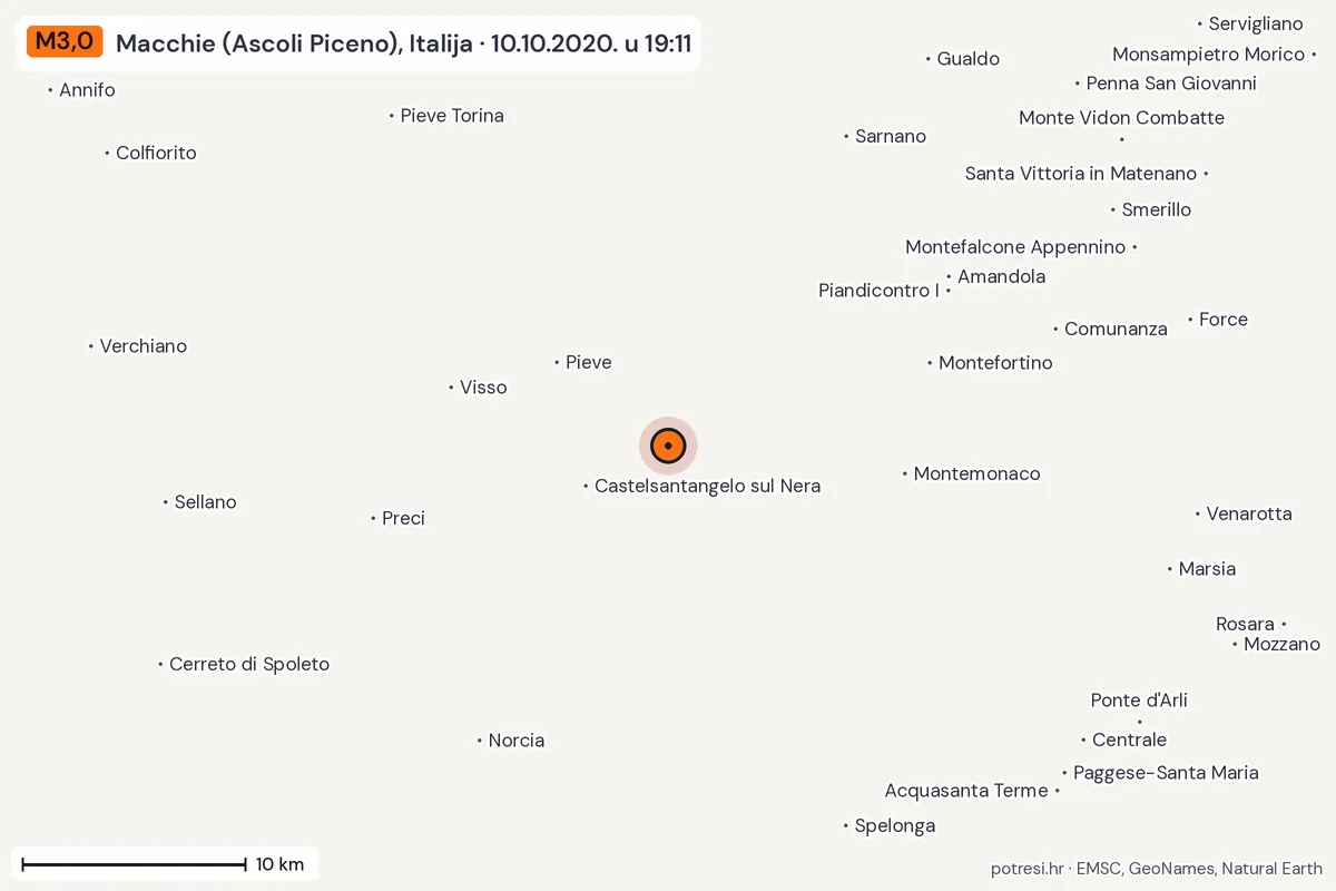 Karta: okolica epicentra, 60 km, potres M3,0, Macchie (Ascoli Piceno), Italija, 10.10.2020.