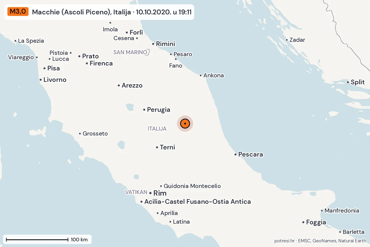 Karta: šire područje, 600 km, potres M3,0, Macchie (Ascoli Piceno), Italija, 10.10.2020.