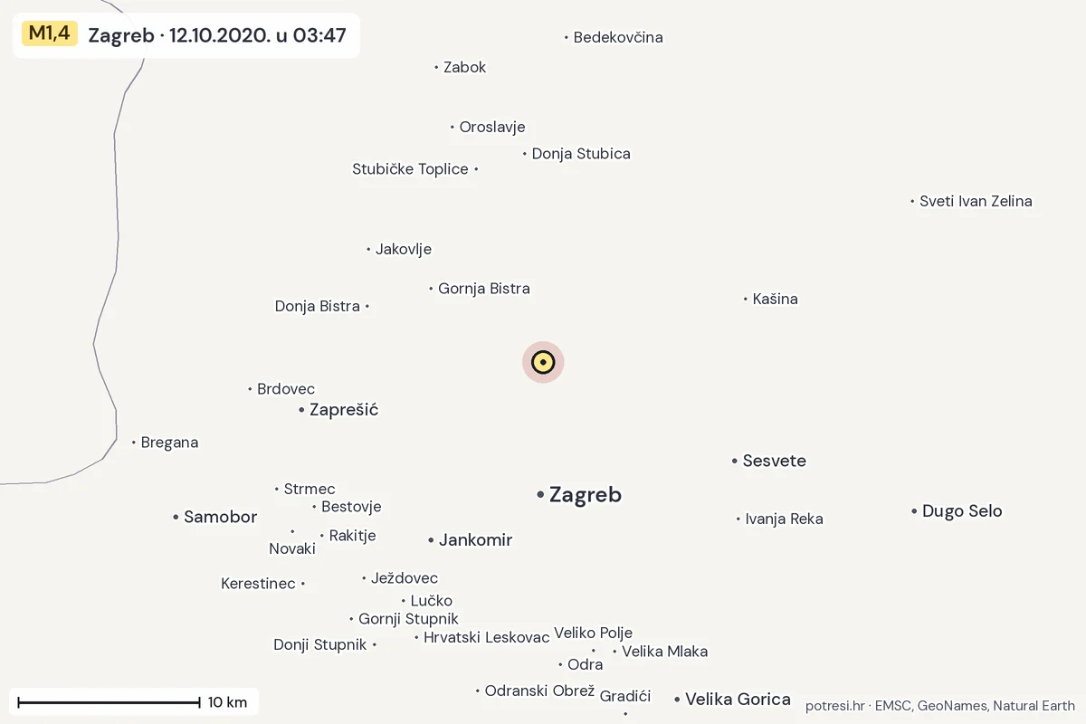 Karta: okolica epicentra, 60 km, potres M1,4, Zagreb, 12.10.2020.