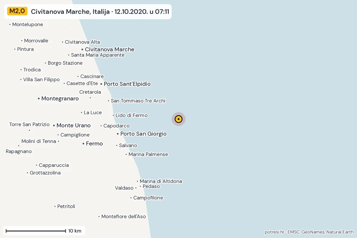 Karta: okolica epicentra, 60 km, potres M2,0, Civitanova Marche, Italija, 12.10.2020.
