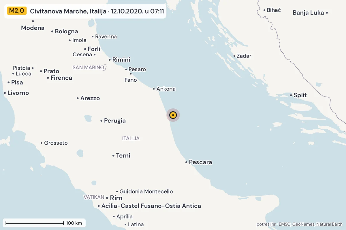Karta: šire područje, 600 km, potres M2,0, Civitanova Marche, Italija, 12.10.2020.