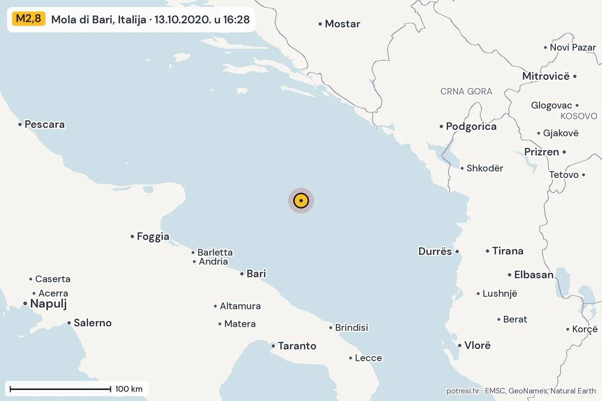 Karta: šire područje, 600 km, potres M2,8, Mola di Bari, Italija, 13.10.2020.