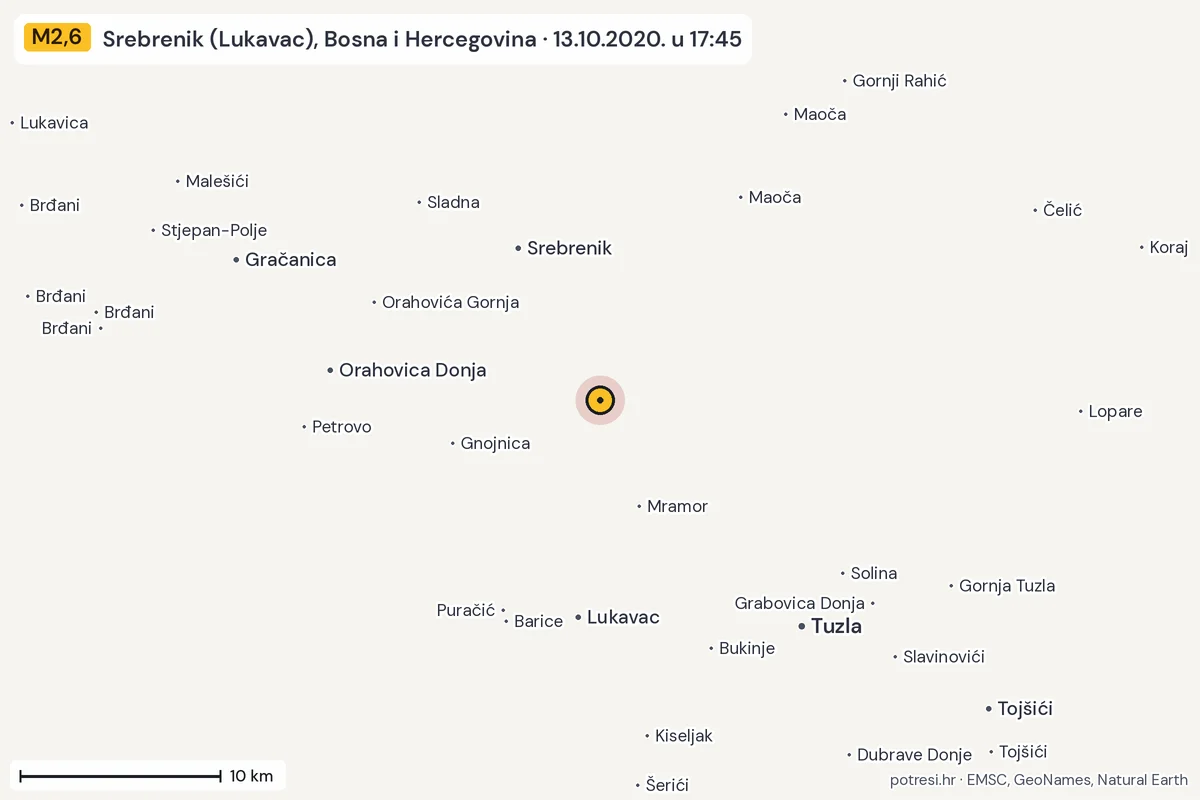 Karta: okolica epicentra, 60 km, potres M2,6, Srebrenik (Lukavac), Bosna i Hercegovina, 13.10.2020.