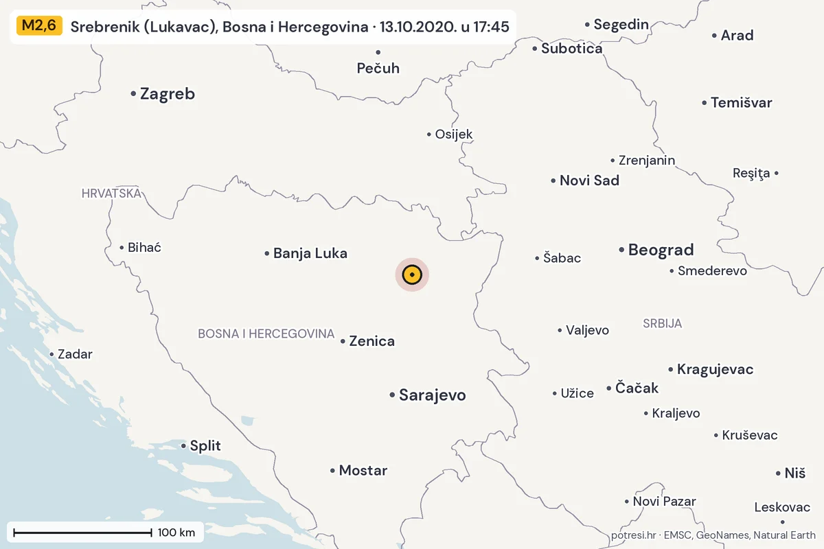 Karta: šire područje, 600 km, potres M2,6, Srebrenik (Lukavac), Bosna i Hercegovina, 13.10.2020.