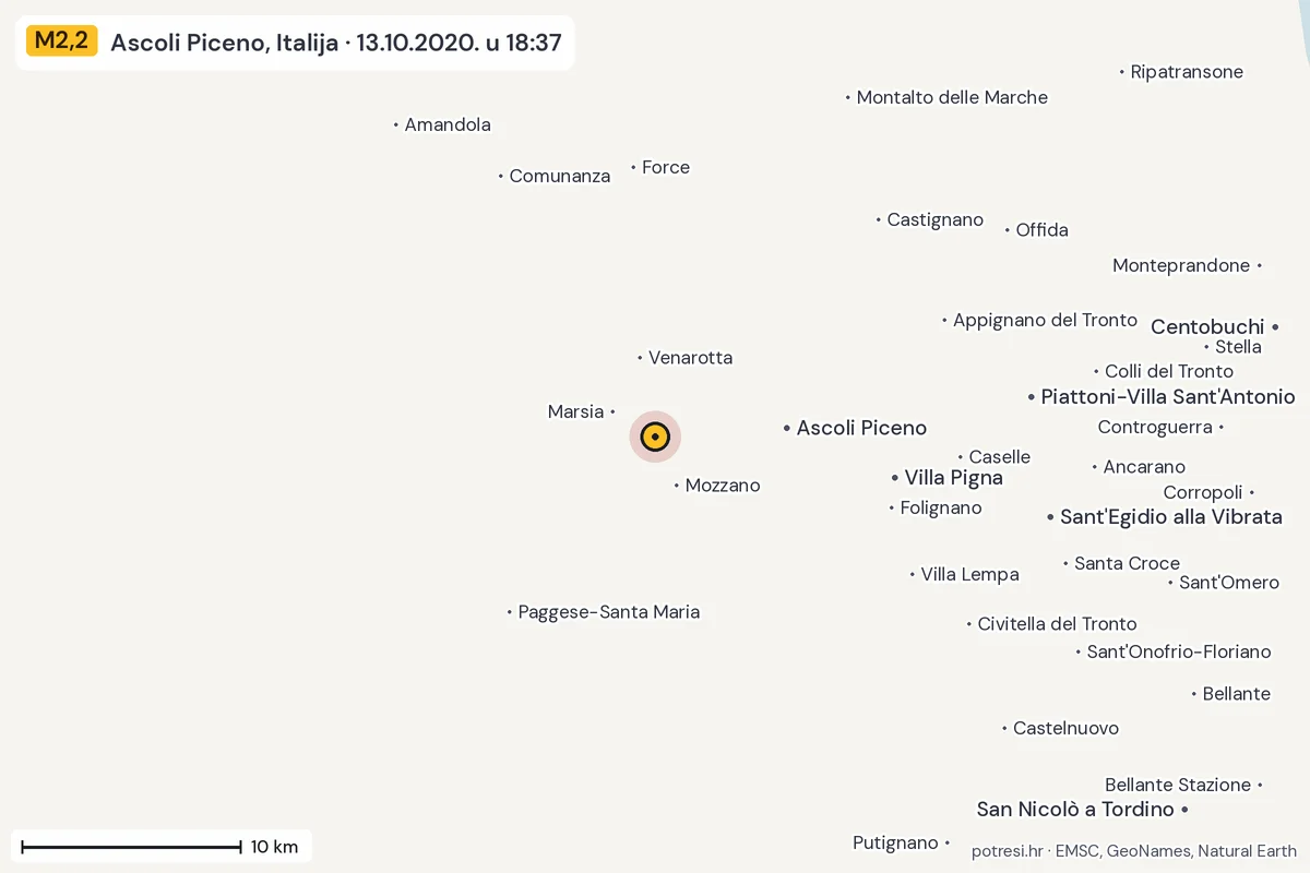 Karta: okolica epicentra, 60 km, potres M2,2, Ascoli Piceno, Italija, 13.10.2020.