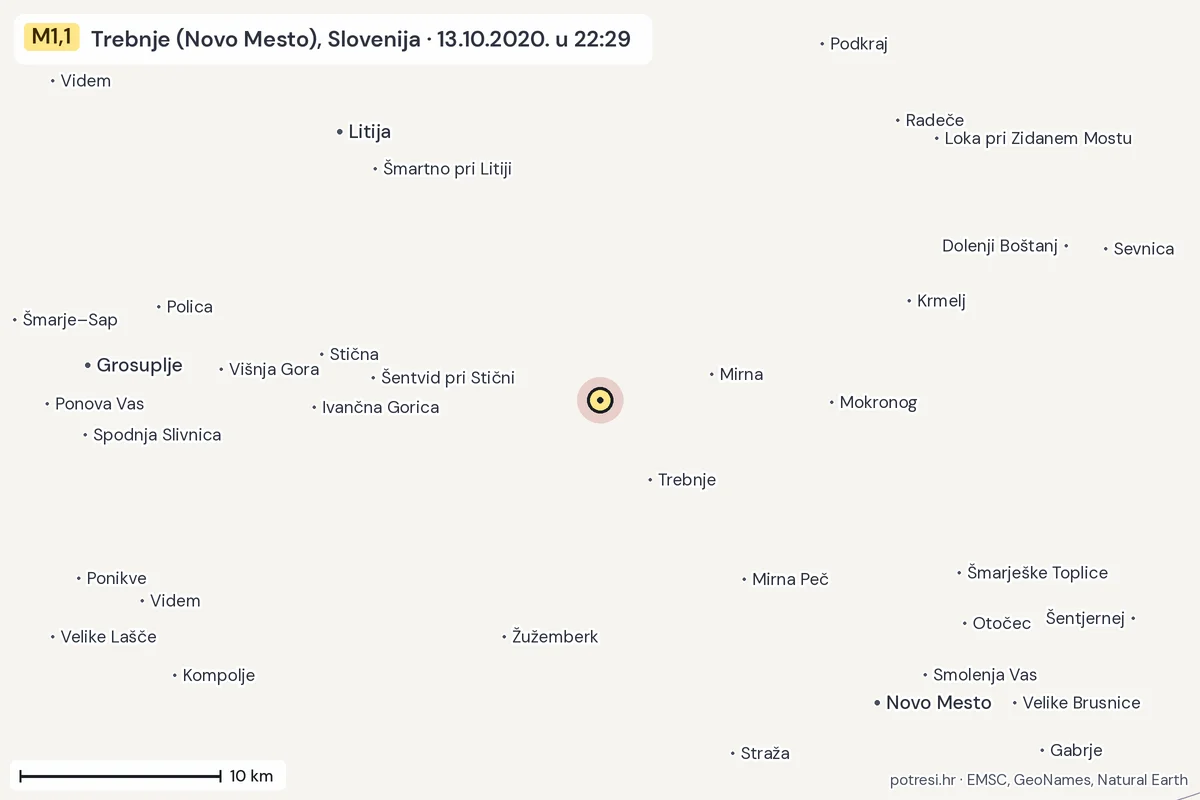 Karta: okolica epicentra, 60 km, potres M1,1, Trebnje (Novo Mesto), Slovenija, 13.10.2020.
