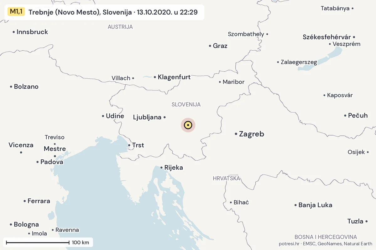 Karta: šire područje, 600 km, potres M1,1, Trebnje (Novo Mesto), Slovenija, 13.10.2020.