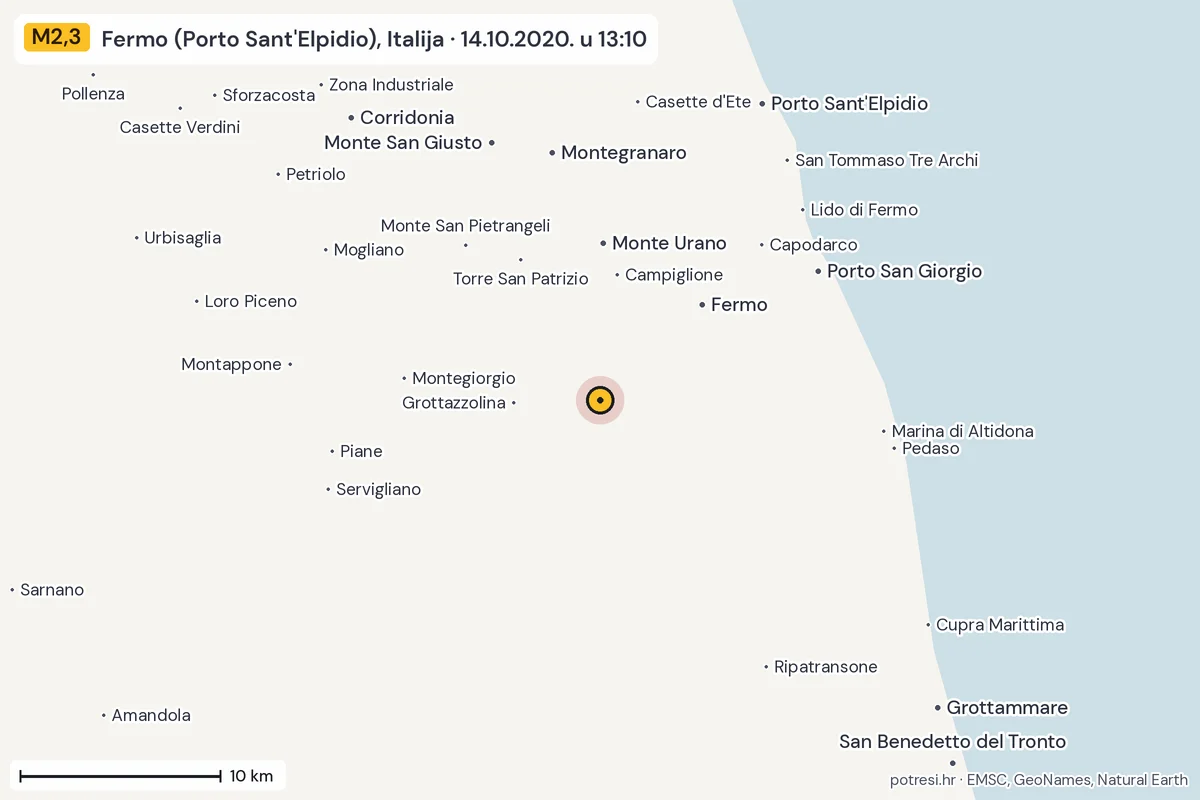Karta: okolica epicentra, 60 km, potres M2,3, Fermo (Porto Sant'Elpidio), Italija, 14.10.2020.