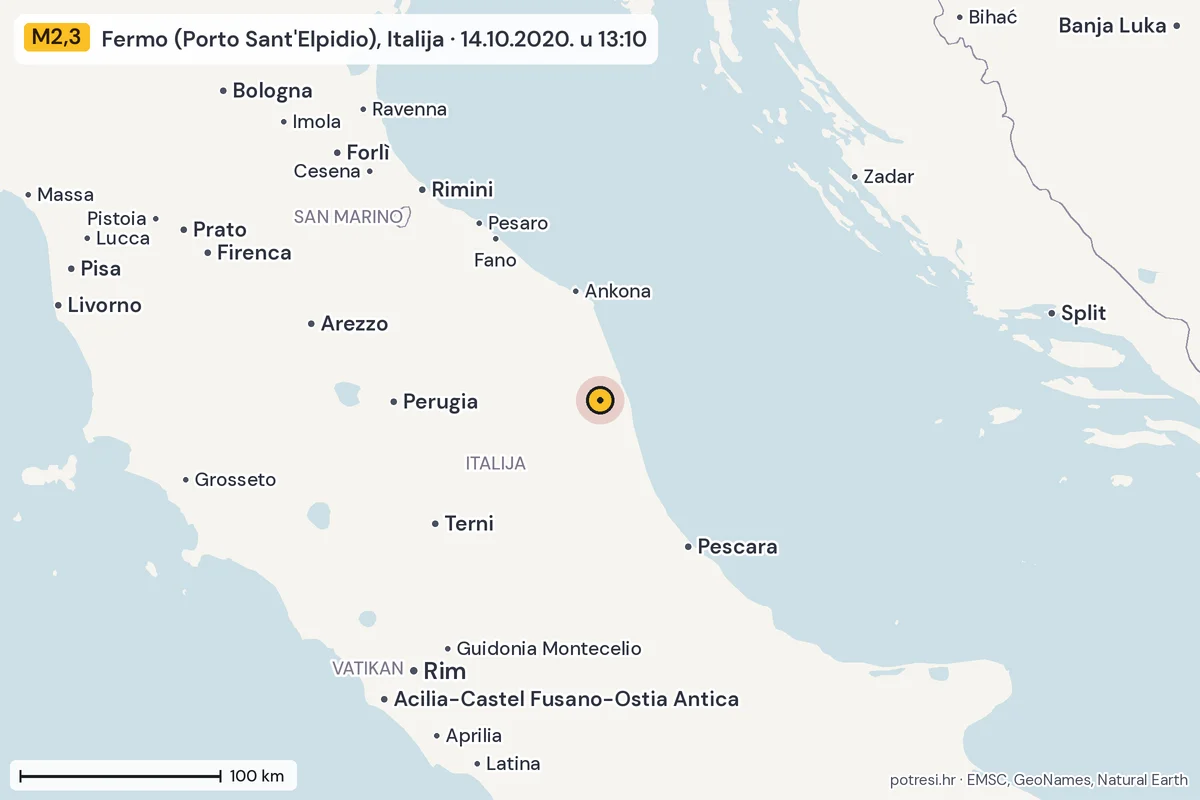 Karta: šire područje, 600 km, potres M2,3, Fermo (Porto Sant'Elpidio), Italija, 14.10.2020.